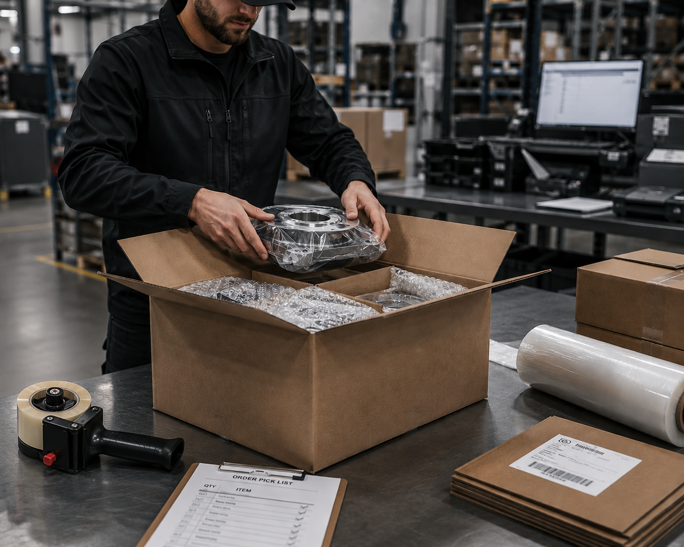 Lufasco staff member packing a simgle boxed order